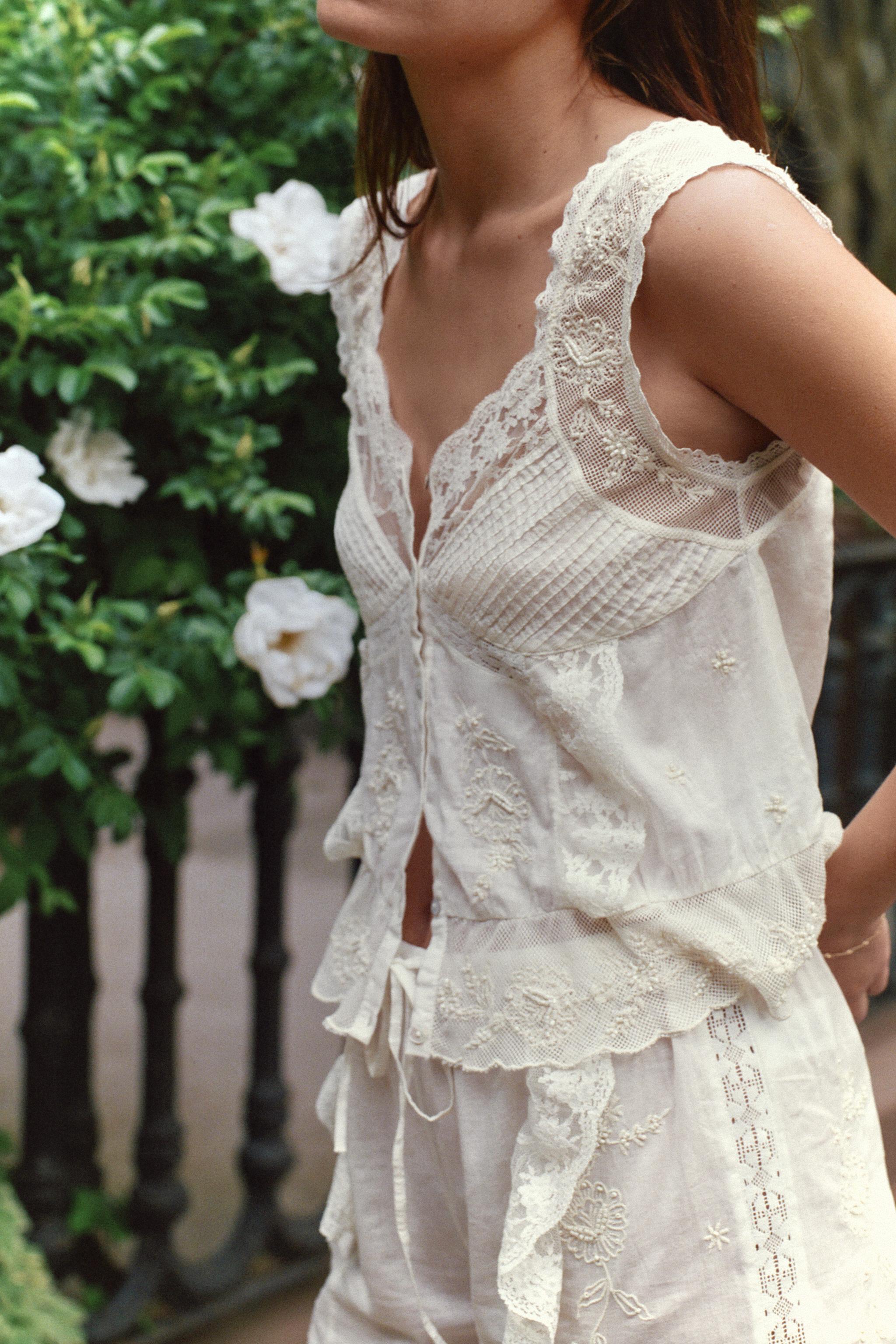 PLEATED BEADED EMBROIDERED TOP